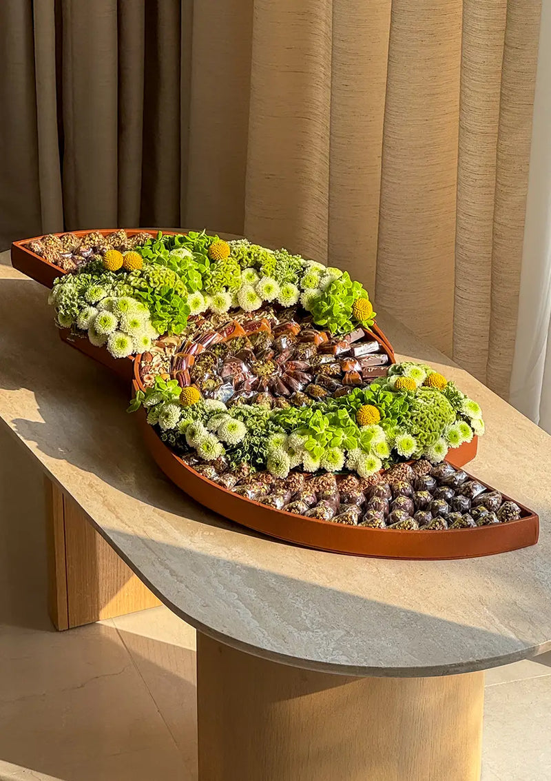 Celestial Blooms | Luxury Flower & Chocolate Gift Tray in Leather Base