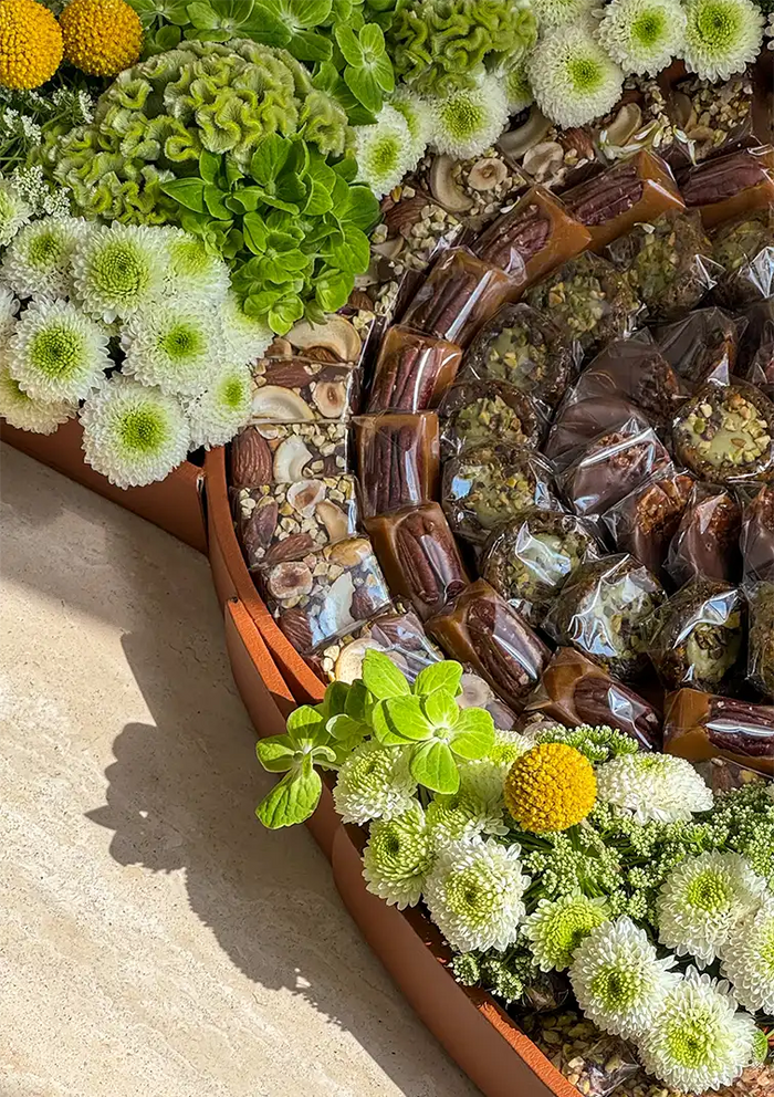 Celestial Blooms | Luxury Flower & Chocolate Gift Tray in Leather Base